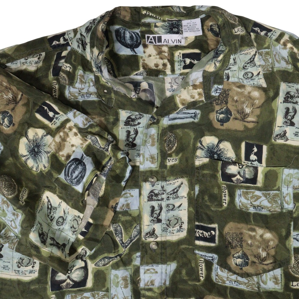 Vtg AL Alvin Button Up Camp Shirt Naturalist Botanical Print Green Silk Men L